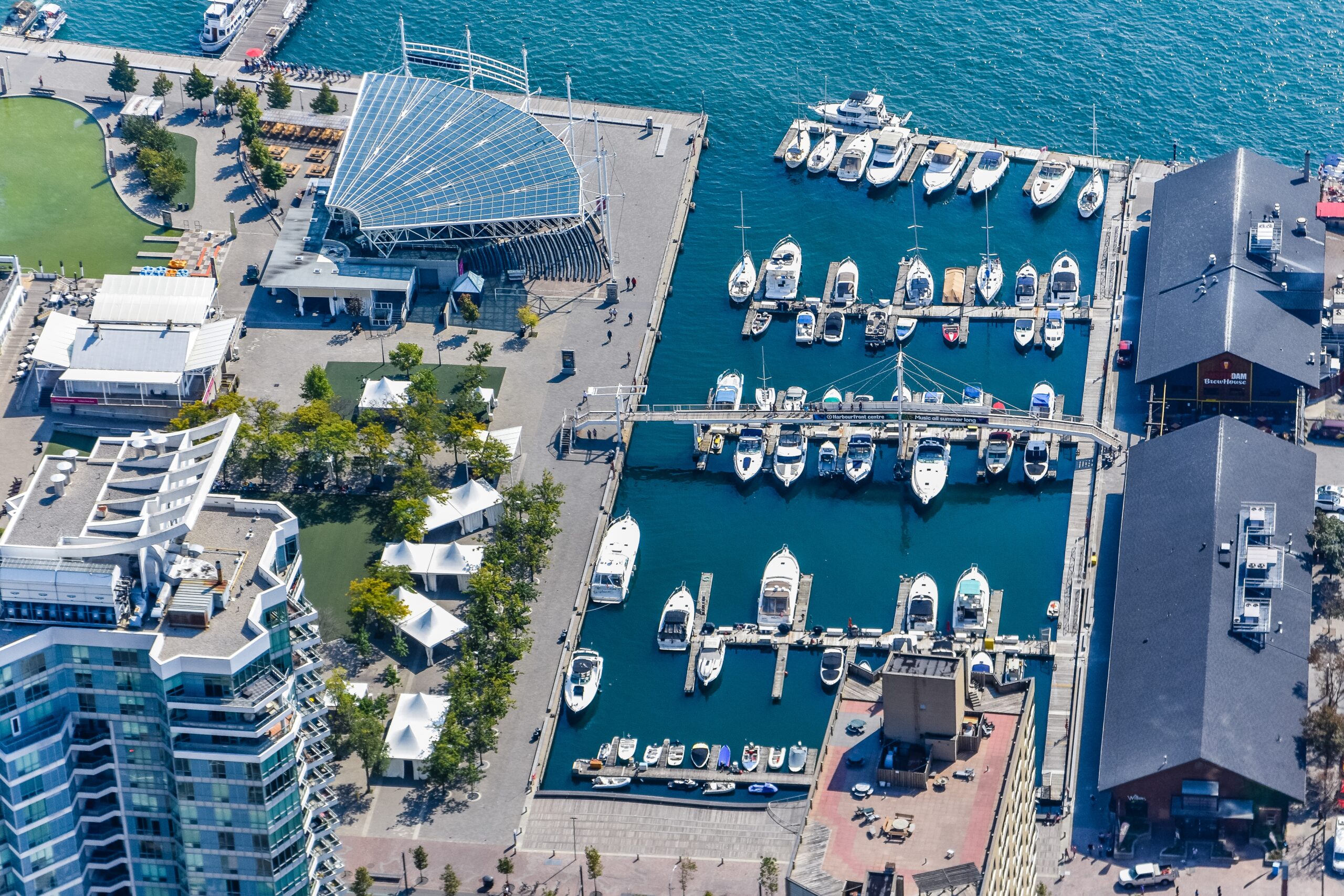 A high angle shot of the Roundhouse Park by the water captured in Toronto, Canada